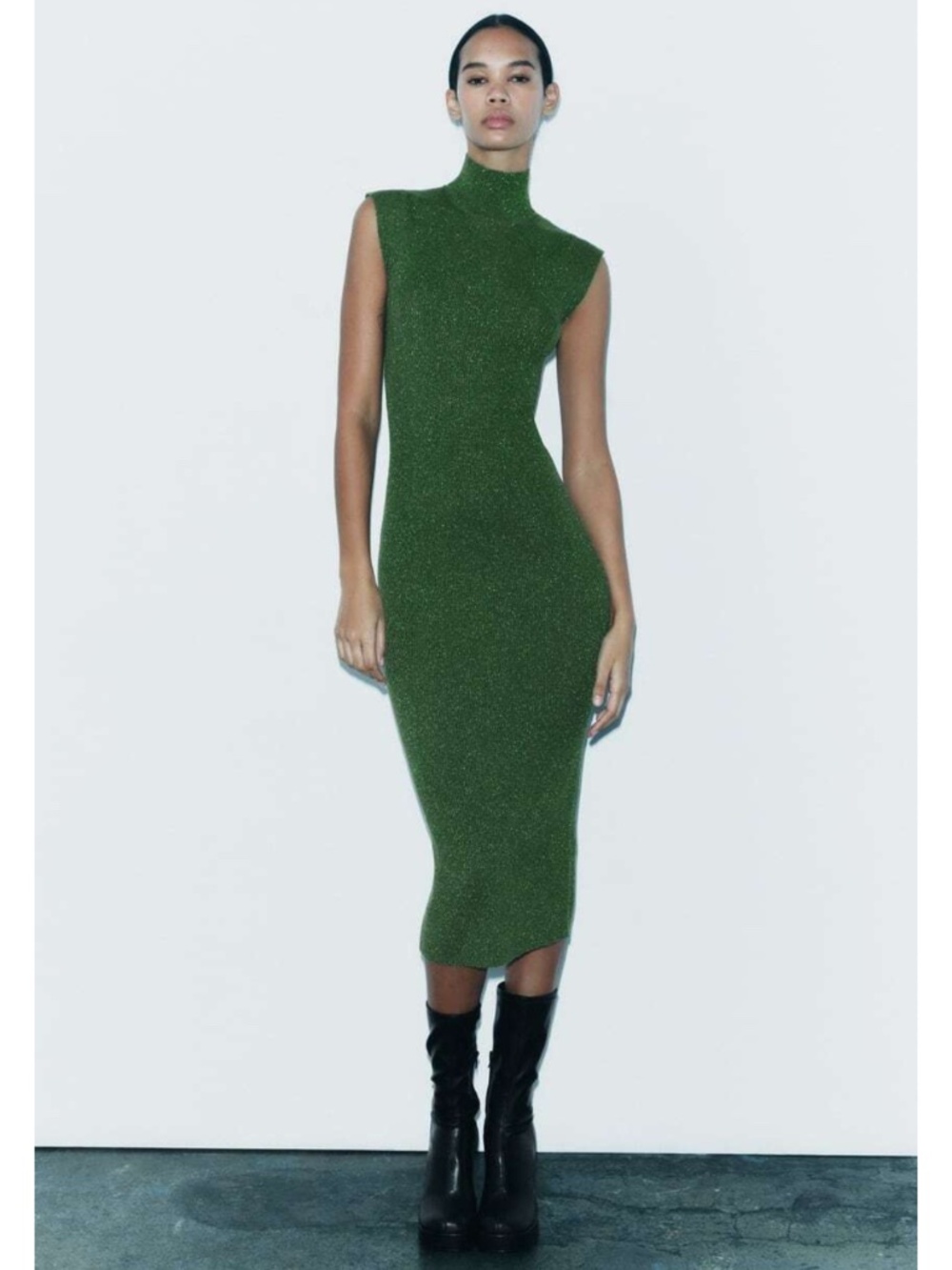 Zara Metallic Thread Knit Dress Green Small